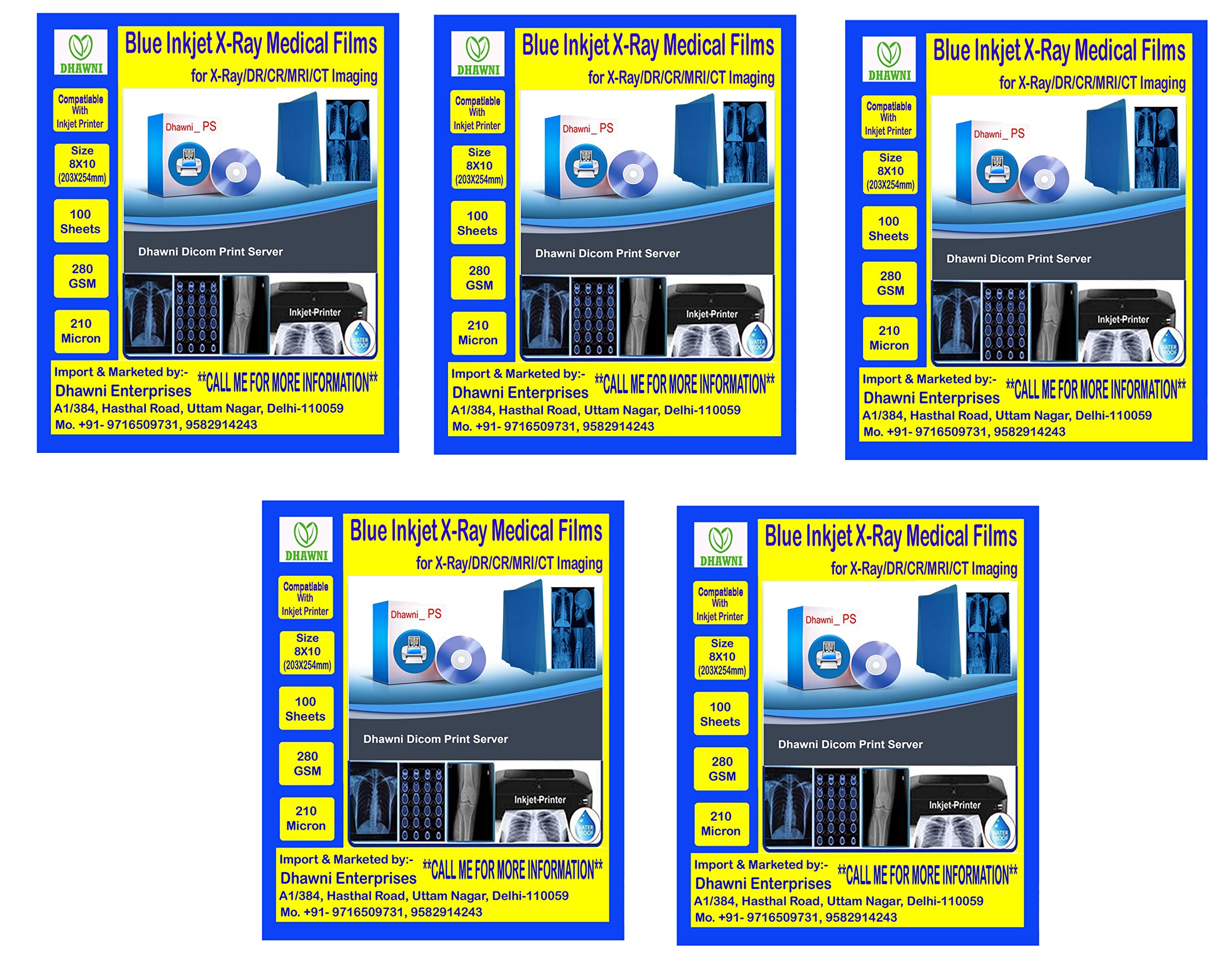 Dhawni Inkjet Medical X-Ray Film | COLOUR : Blue | SIZE: 8" X 10" | | THICKNESS: 210 Micron | For X-Ray, CR, DR (500 sheet)