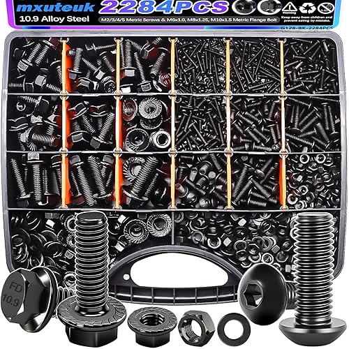 mxuteuk Juego de tornillos métricos y pernos de brida, kit surtido de tuercas y pernos M2M3M4M5M6M8M10, tornillos de máquina de acero de aleación de