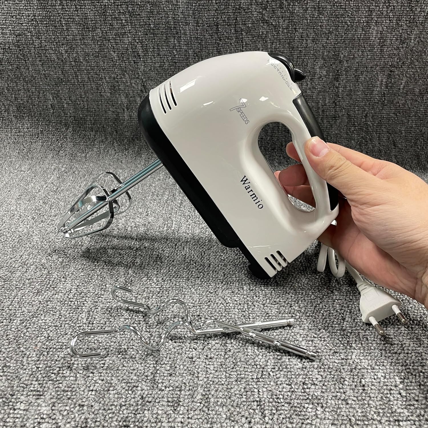 Hand Mixer Electric, 6-Speed with Turbo Function, 5 Stainless Steel Attachments for Whipping, Mixing, & Dough, Includes Snap-On Storage Case & Powerful Motor for Cookies, Cakes, Batter (White)
