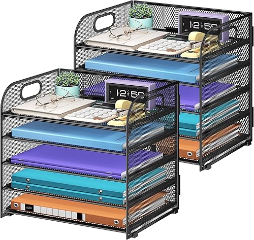 Miniatura 22 de Organizador de papel de 5 niveles con asa, organizador de escritorio de malla de metal plateado, carpeta de archivos, bandeja de papel para cartas,