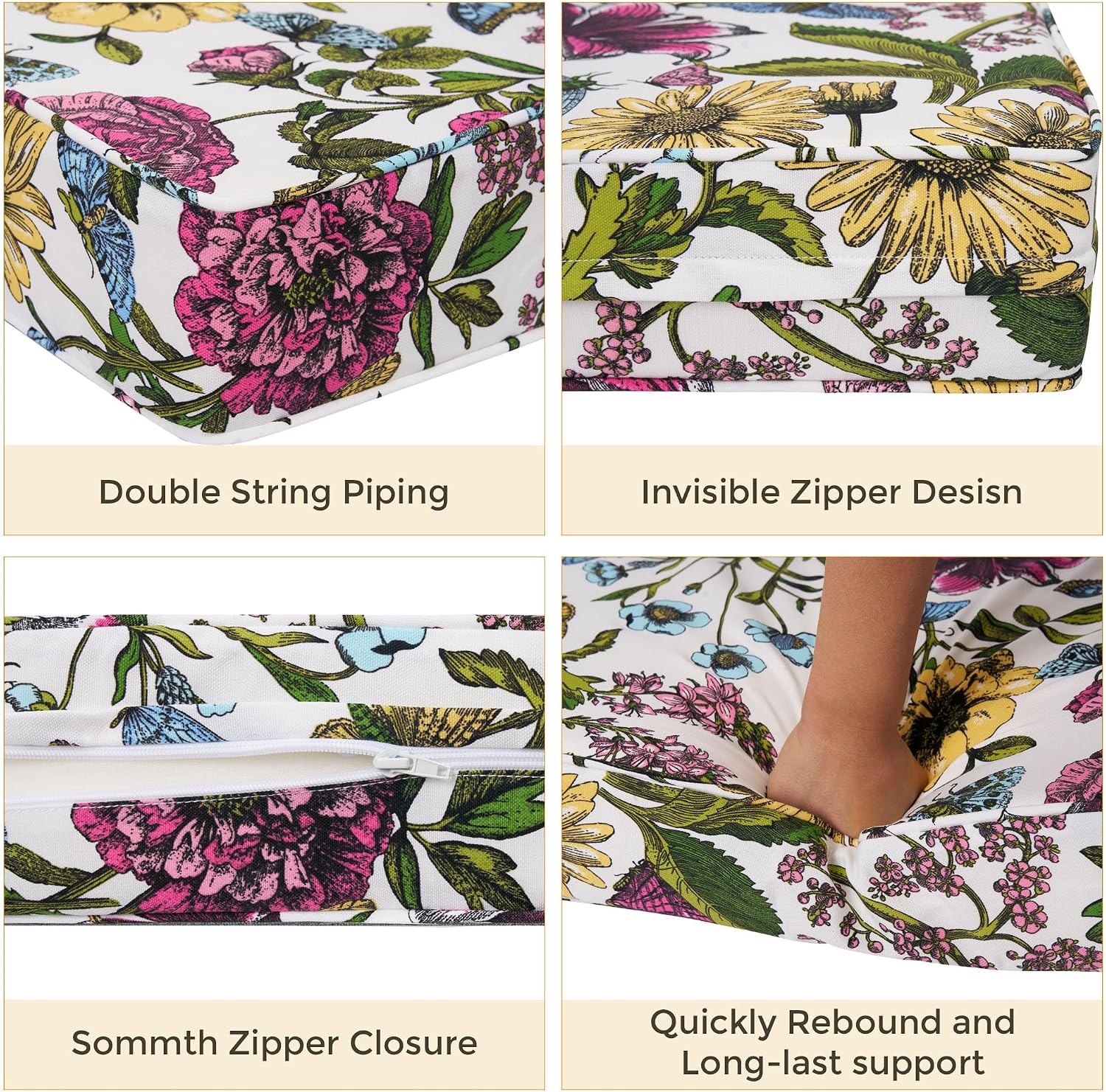 FUNHOME Outdoor Deep Seat Cushion Set 24"x 24"x 4",Water&Fade Resistant,Patio Furniture Cushion with Removable Cover,25 Inch Seat Pads Back Cushion for Outside Chair Sofa Couch(Flower Butterfly)