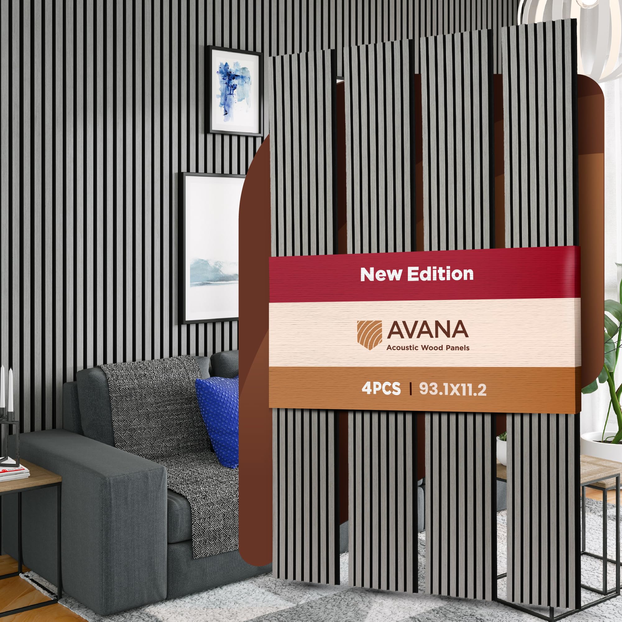 Avana Acoustic Wood Wall Panels – 93.2x11.25 Inch Panels – Fits 94x12 Layout – Gray Oak Acoustic Panels 4 PCs – Wall Panels for Interior Wall Decor for Homes, Offices – Design Wood Panels for Wall