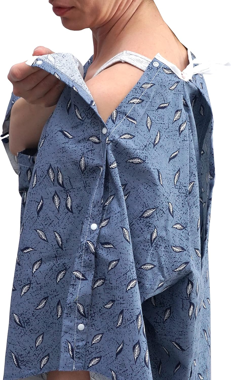 AMU Solutions 3 PK 3XL Hospital Gown – Blue Leaf Print V-Neck Unisex Patient Robe with Steel IV Shoulder Snaps Fits Men to 2XL & Women to 3XL - Image 5