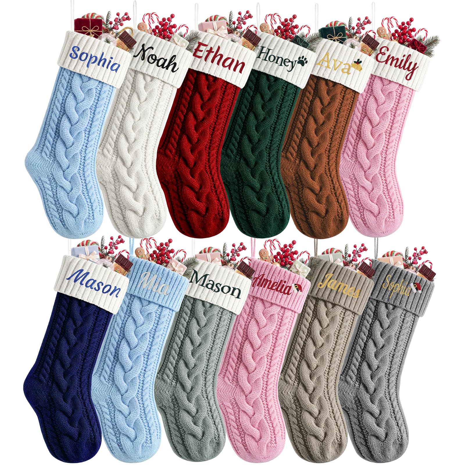 Takezuaa Personalised Christmas Stockings, 18'' Large Custom Christmas Stockings with Names, Knitted Xmas Stocking for Family Kids, Fireplace Hanging Holiday Christmas Party Decoration Gift - 8 Pack — image 1