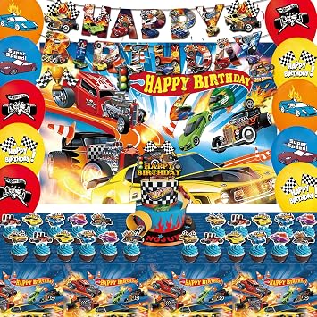 58 Pcs Hot Car Birthday Party Supplies,Included Banner,Hanging Swirls,Tablecloth,Cake Topper,Cupcake Toppers,Backdrop,Balloon for Boy and Girl Wheel Party Decorations