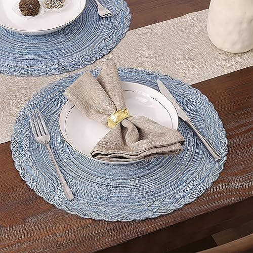 Miniatura 5 de SHACOS Juego de 6 manteles individuales redondos, trenzados, lavables, resistentes al calor, 15 pulgadas, para mesa de comedor, color beige
