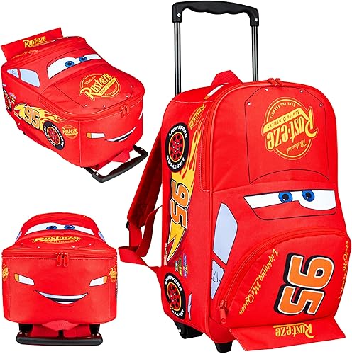 Disney Cars Lightning McQueen Carry-On Luggage with Wheels & Telescopic Handle for Kids 16”– 25L, Lightweight Travel Bag for Boys & Girls, Trips & Vacation Gifts