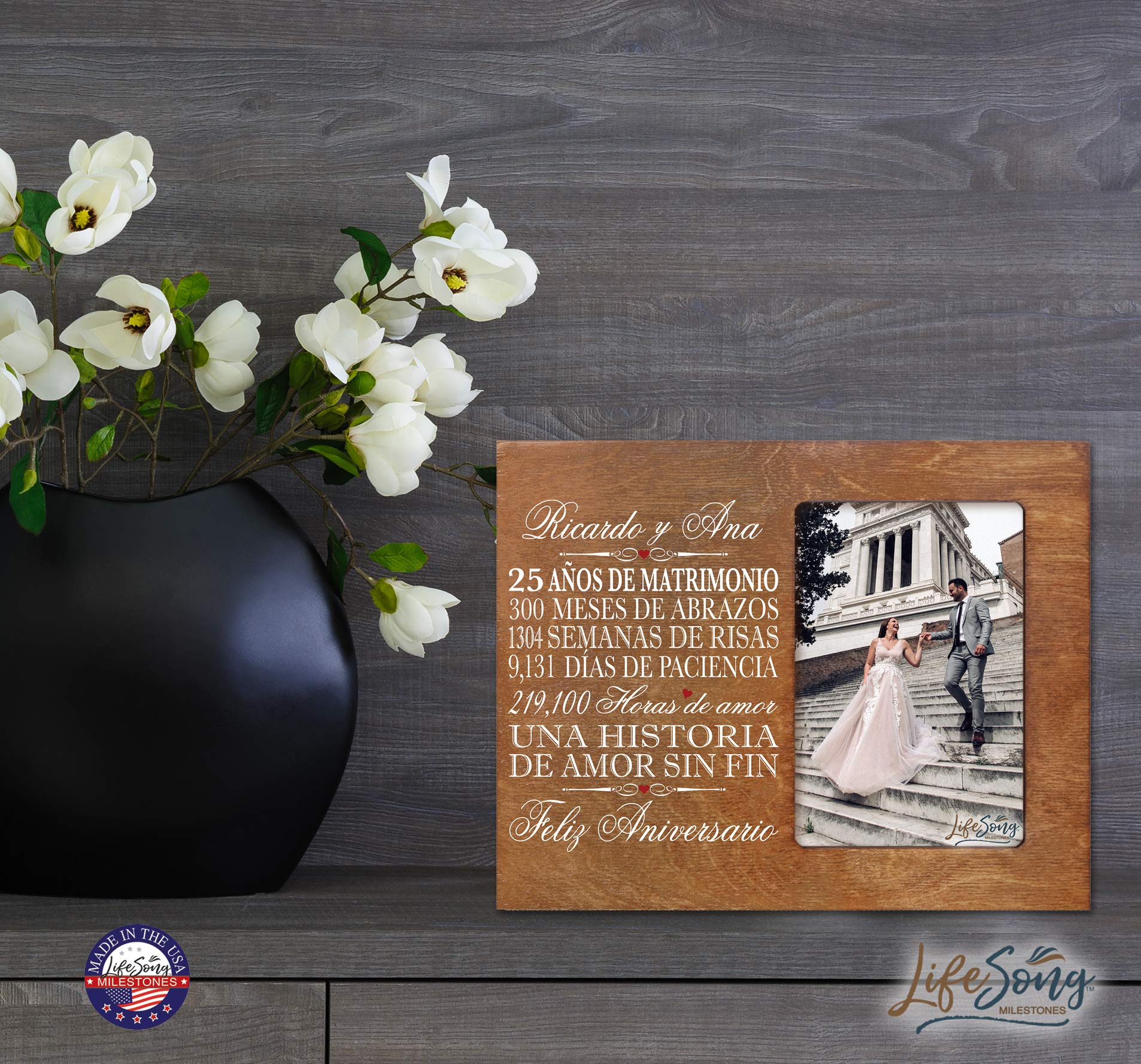 LifeSong Milestones Personalized 25th Anniversary Picture Frame Marriage Keepsake Gift with Spanish Verse - Twenty Five Years Wedding Gift for Parents Husband Wife Him Her Holds 8x10 Photo (Walnut)
