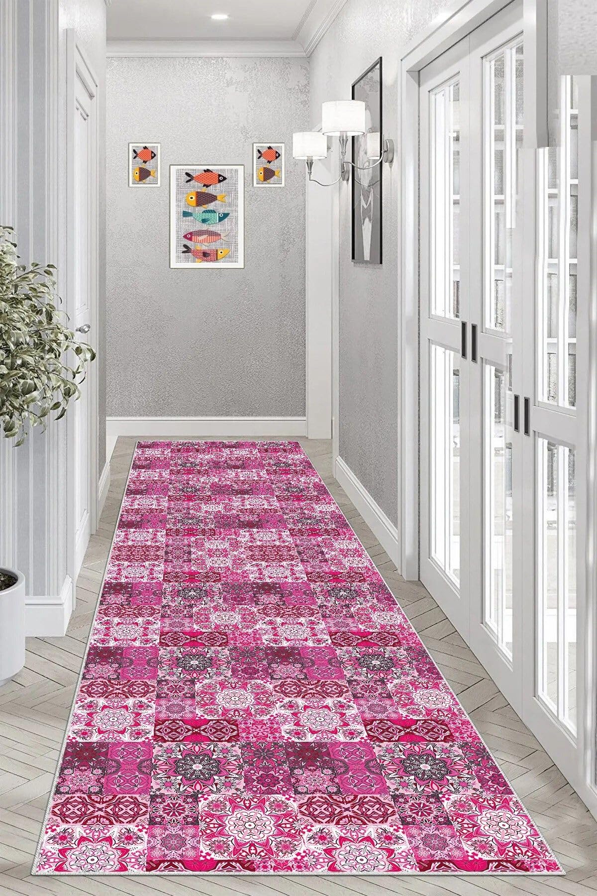 Pelangi Kilim Desenli Etnik Dijital Baskı Yıkanabilir Kaymaz Taban Modern Salon Halı ve Yolluk, Pembe 80 x 500, 9554926805007