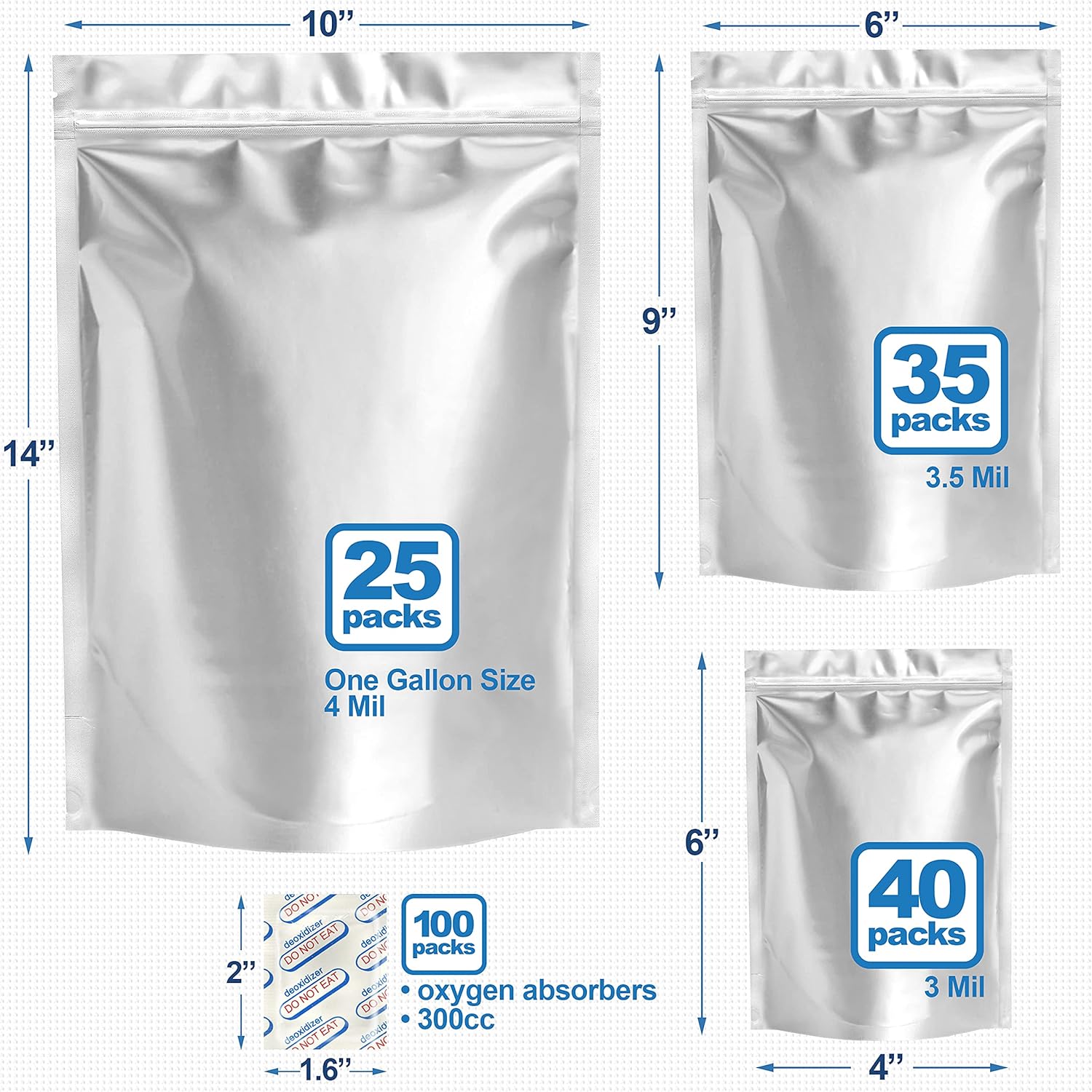 Buy Premount 100 Mylar Bags For Food Storage With Oxygen Absorbers 300cc 1 Gallon 4 Mil 10x14 6x9 4x6 Resealable Bags For Packaging Products Smell Proof Ziplock Sealable Bags