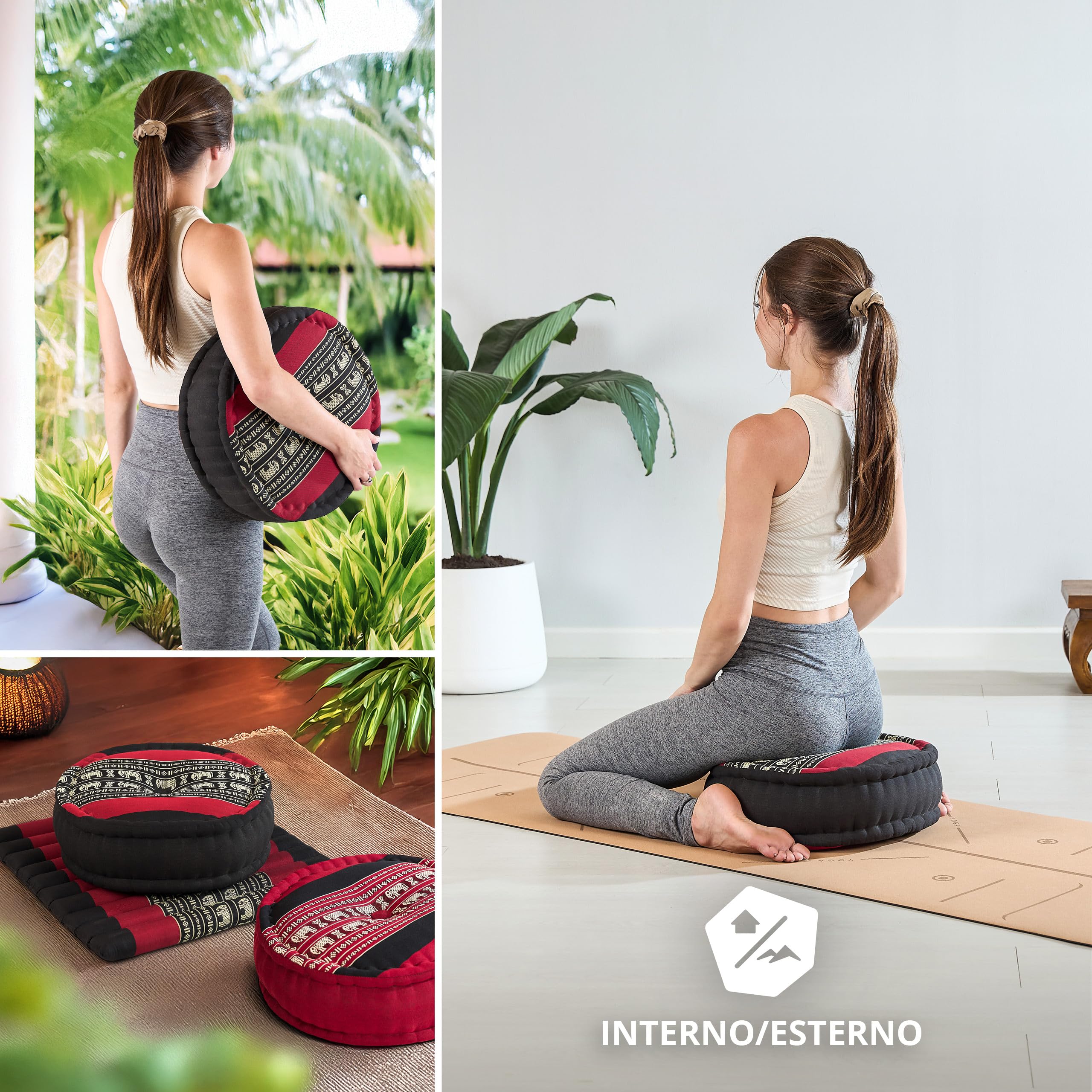 livasia Cuscino da Meditazione Ø 38x15cm - Cuscino per Yoga kapok, Pouf, Cuscino per Pavimento Yoga Meditazione Zen, Cuscino zafu Giardino Balcone, Cuscino per sedersi Fatto a Mano (Nero/Elefanti)