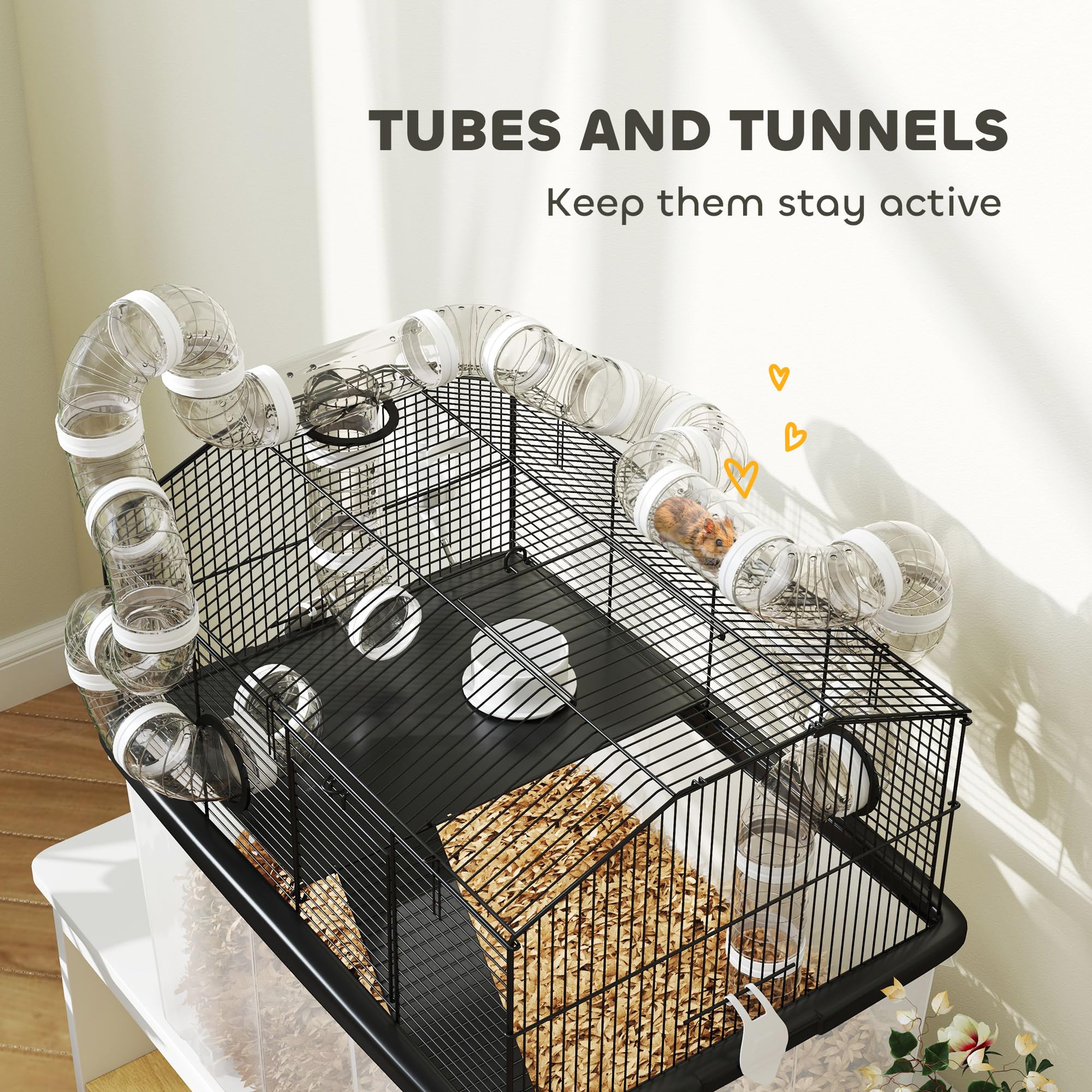 PawHut Large Hamster Cage with 12" Deep Tray, 2 Tier Gerbil Cage with Tube System, Water Bottle, Ramp, Feeding Bowl, 23" x 17" x 22", Black