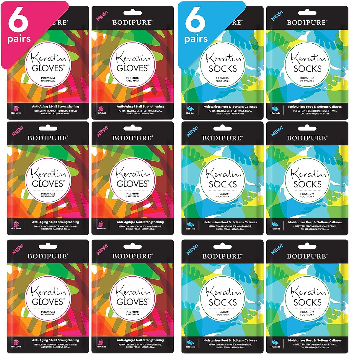 Bodipure Premium Hand and Foot Mask | Moisturizing Kertain Gloves & Socks | Hydrating Dull Dry Hands, Cracked Heels, Callus Softening & Nail Strengthening | Chemical-free Feet Treatment | (6+6 Pack)