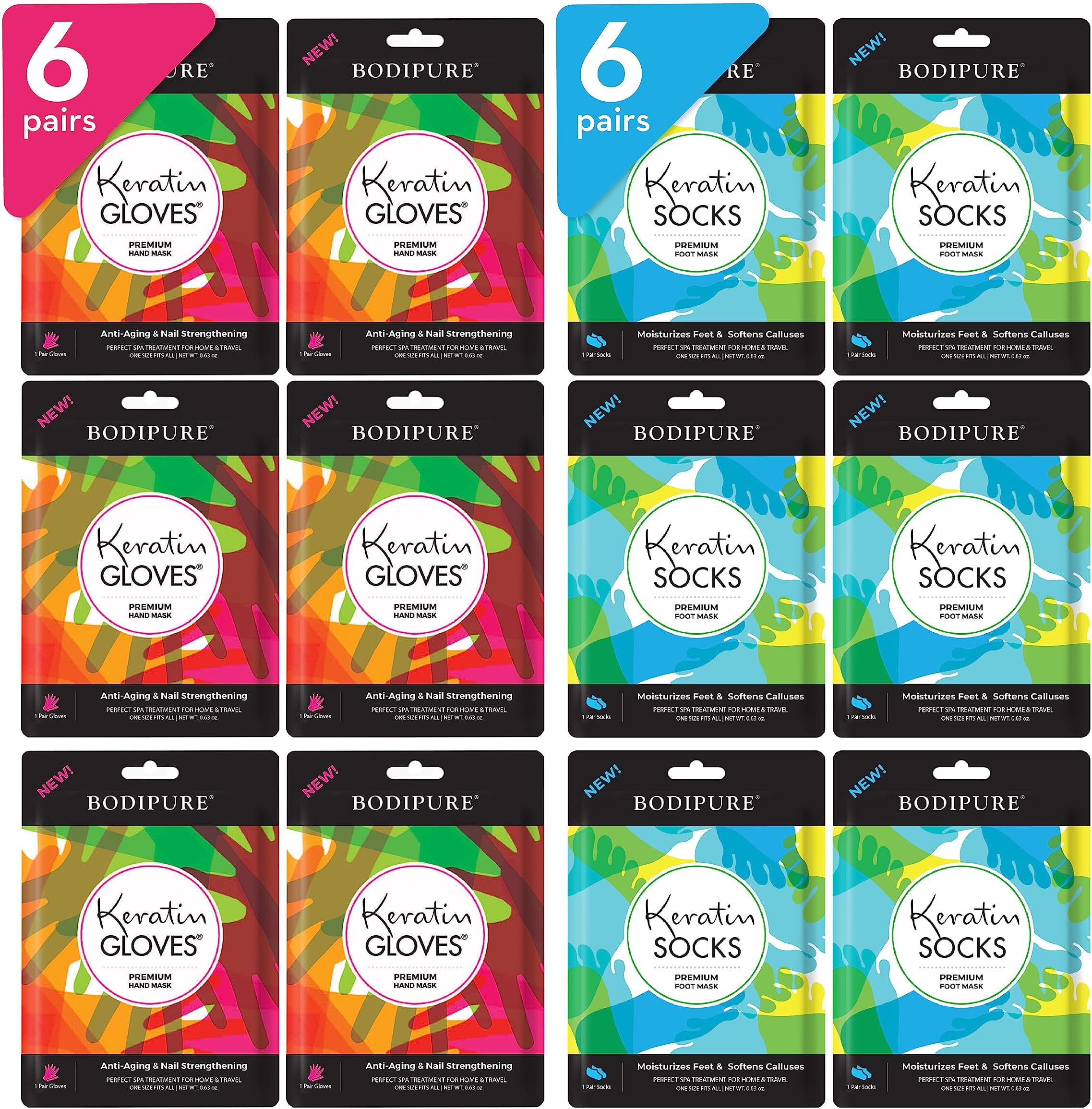 Bodipure Premium Hand and Foot Mask | Moisturizing Kertain Gloves & Socks | Hydrating Dull Dry Hands, Cracked Heels, Callus Softening & Nail Strengthening | Chemical-Free Feet Treatment | (6+6 Pack)