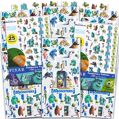 Juego de calcomanías de Monsters Inc para fiestas – 150 calcomanías y 50 tatuajes temporales con Mike Wazowski, Sulley, Boo, más (Monsters Inc Party