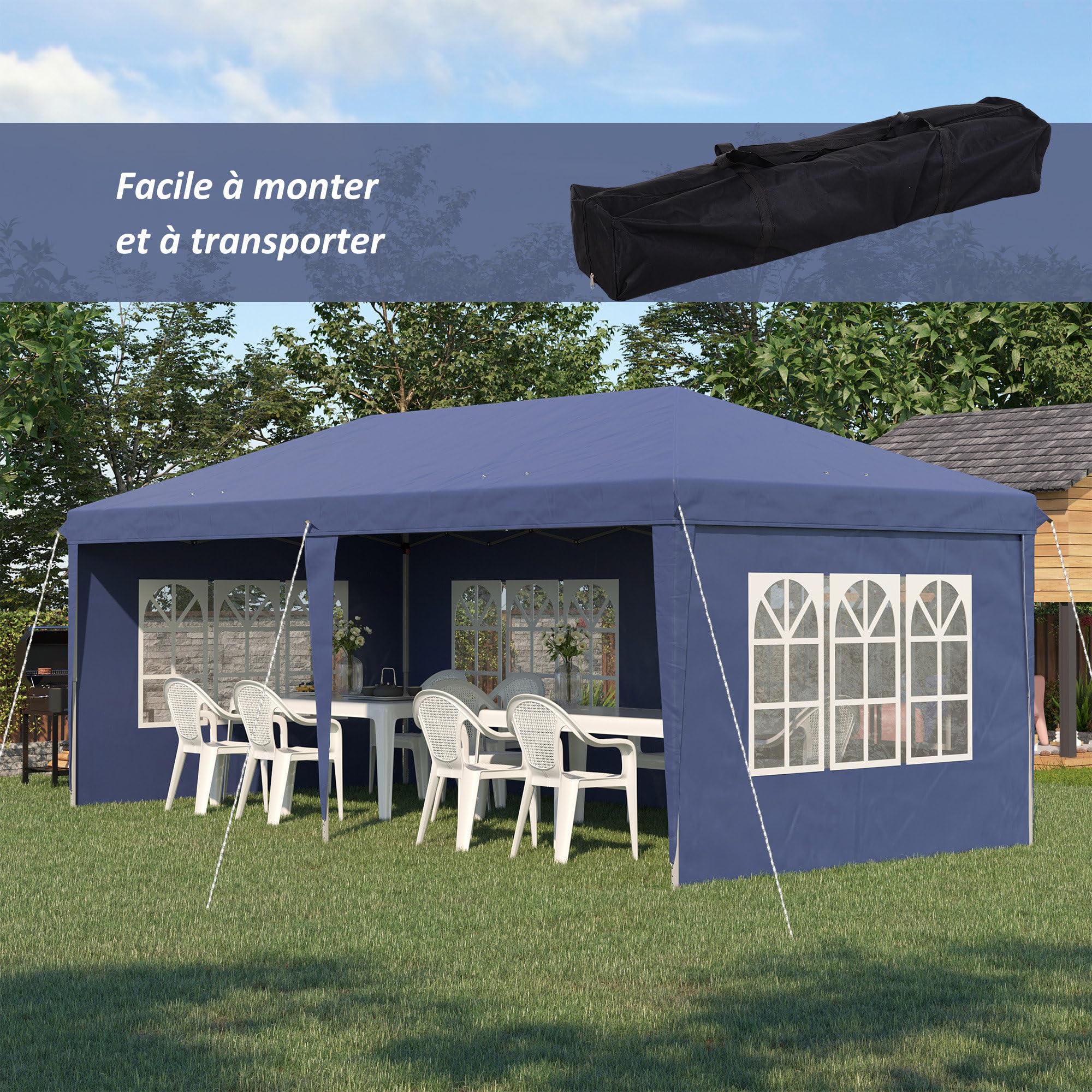Outsunny Tonnelle de Jardin 3x6 m Pop-up Pliante Tente de Réception Pavillon Chapiteau Barnum Bleu