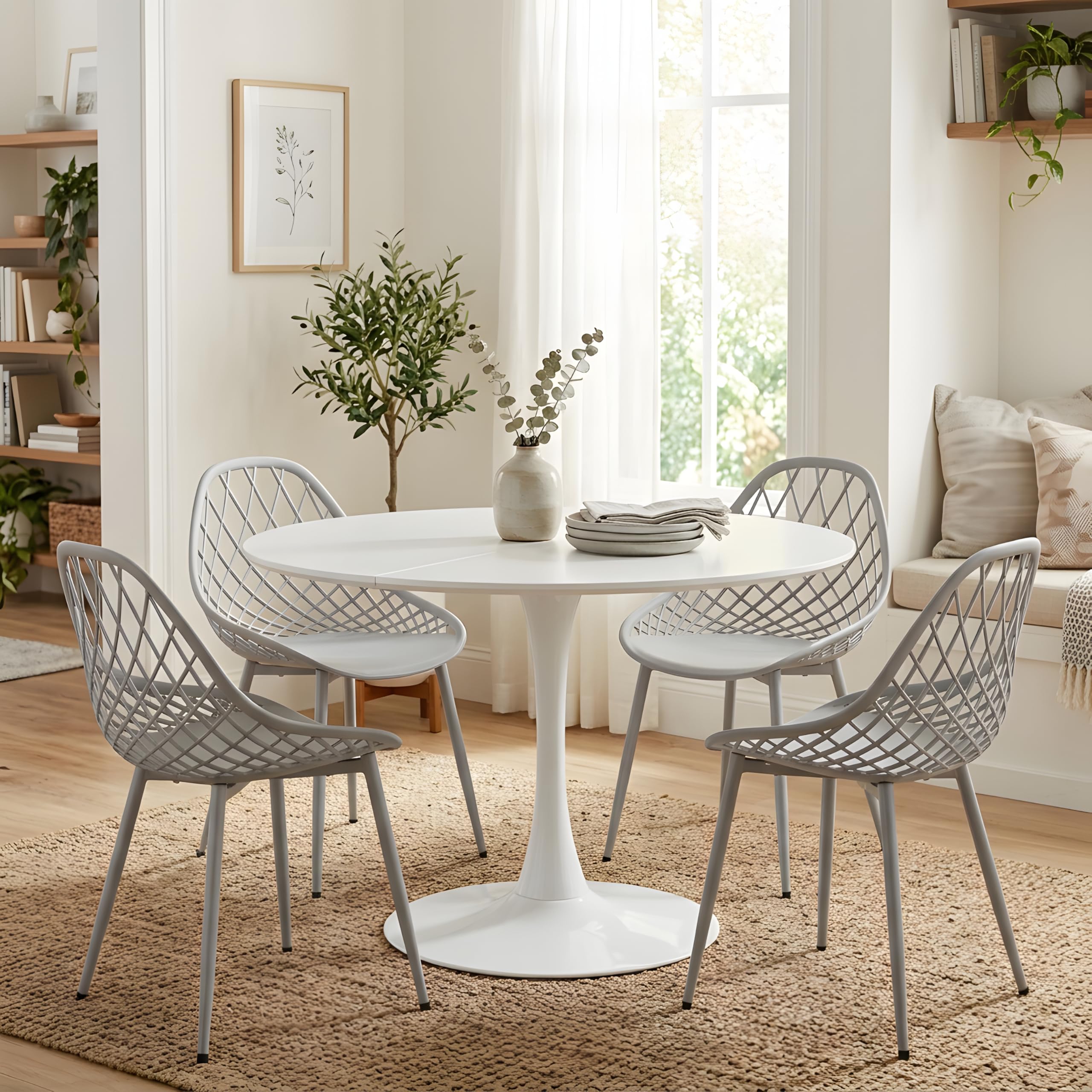 Set di mobili da balcone per piccoli balconi, mobili da giardino resistenti alle intemperie, mobili da salotto da esterno, tavolo bianco (Ø 100 cm) + 4 sedie grigie