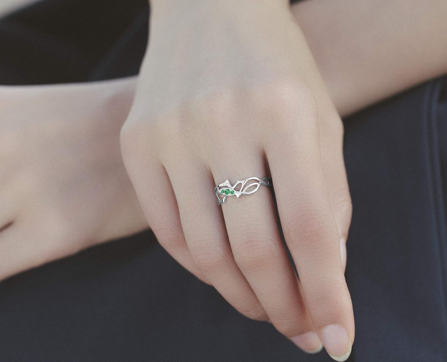 Alternative engagement ring in 14k white gold by Majade, Unique emerald & diamond wedding ring, Gothic thorn engagement ring, Rose thorn emerald gold band, emerald promise ring, May birthstone ring