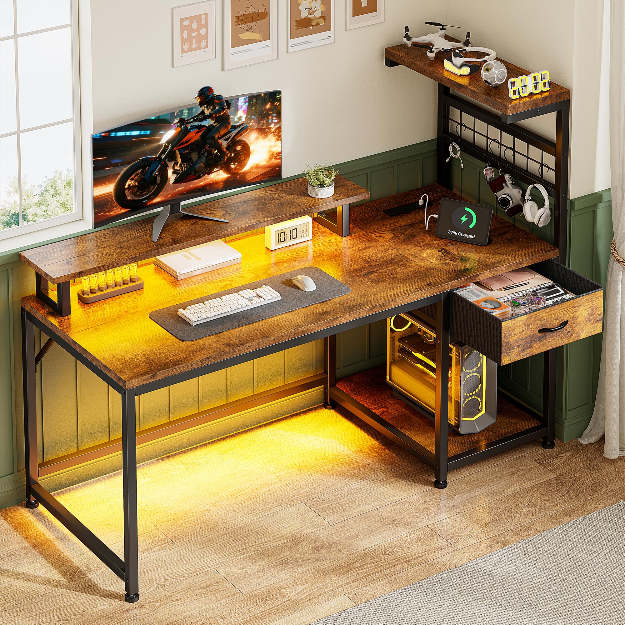 EnHomee 48" Computer Desk with Power Outlets & LED Lights, Gaming Desk with Drawer & Storage Shelves, Reversible Home Office Desk with Monitor Stand,