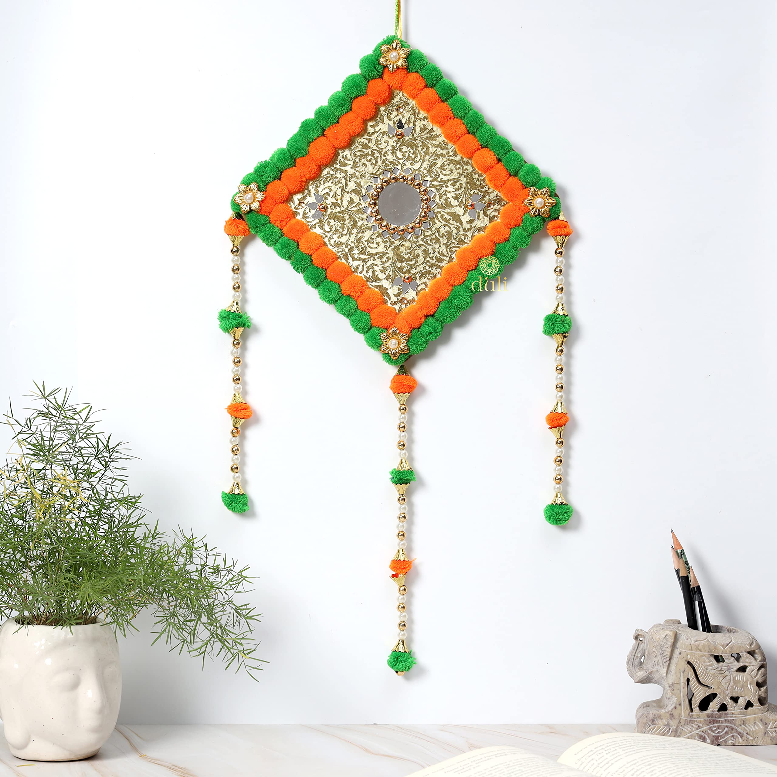 DULI Pompom Wall Hanging Dream Catcher Handmade Wall Art for Bedrooms, Office, Balcony, Outdoors, Garden, Home Wall, Car Hanging, Dreamcatcher (Orange Green)-image-6