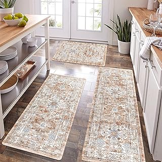 Pauwer Boho Kitchen Rugs Sets of 3 Non Slip Rubber Kitchen Mats for Floor Waterproof Kitchen Rugs and Mats Washable Farmhouse Kitchen Area Rug Floor Carpet Runner Rugs for Hallway Laundry Room