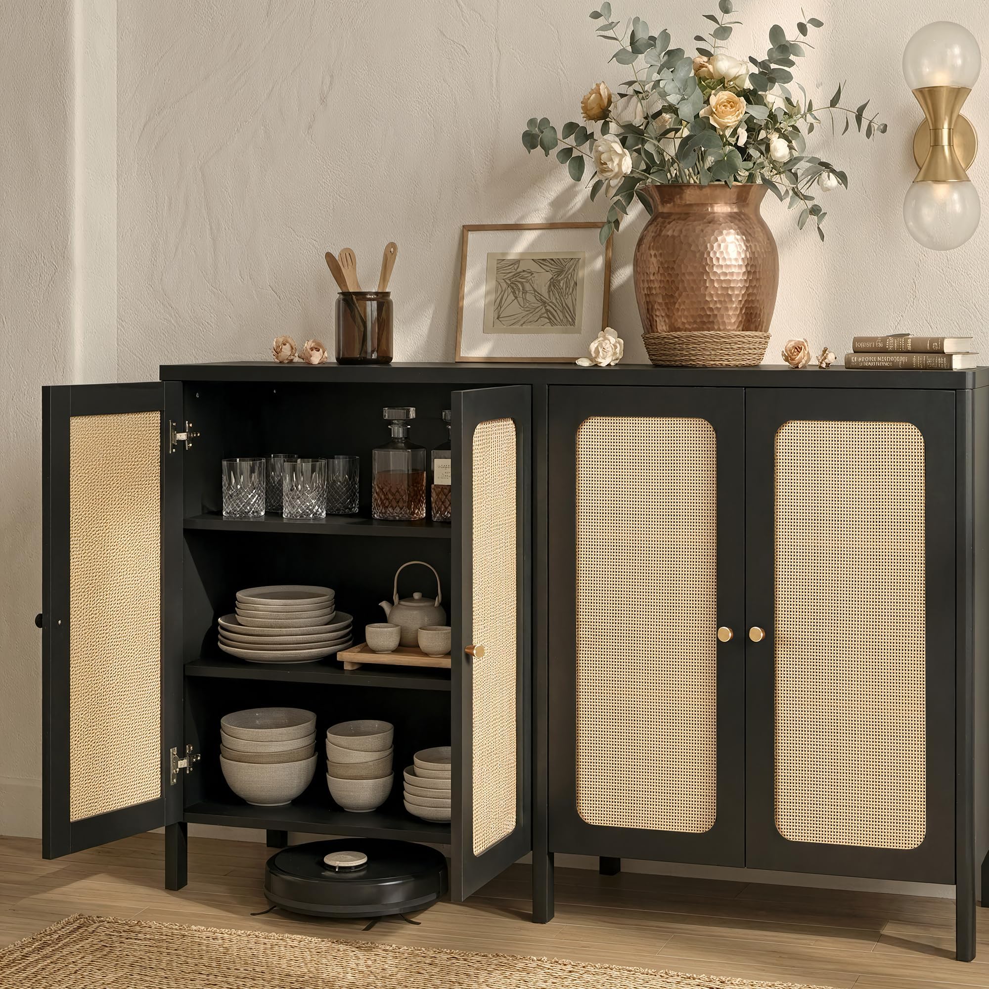 KISLOT 63" Rattan Buffet Cabinet with Storage, Sideboard with Adjustable Shelf, Accent Kitchen Floor Storage Cabinet with 2 Doors, Coffee Bar for Living Room, Entryway,Black(1 Box)