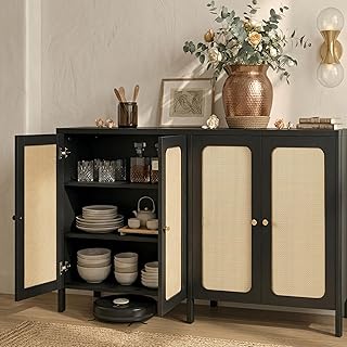 KISLOT 63" Rattan Buffet Cabinet with Storage, Sideboard with Adjustable Shelf, Accent Kitchen Floor Storage Cabinet with 2 Doors, Coffee Bar for Living Room, Entryway,Black(1 Box)