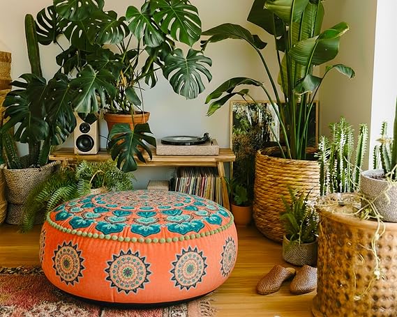 Orange Round Velvet Pouf Cover - Soft Embroidered Ottoman Slipcover with Moroccan Design, 24 Inch Diameter, Ideal for Living Room, Bedroom, or Meditation Space - Decorative Floow Pillow Cushion