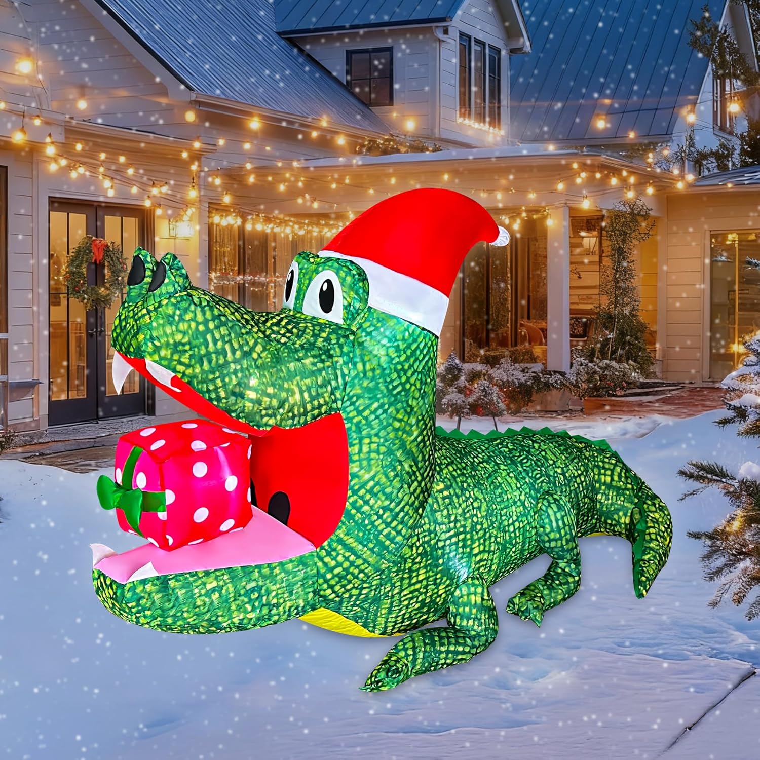 SEASONBLOW 4 FT Christmas Inflatable Alligator Decoration, LED Lighted Xmas Gator with Gift Boxes Blow Up Decor for Lawn Yard Garden Home Indoor Outdoor Holiday Party