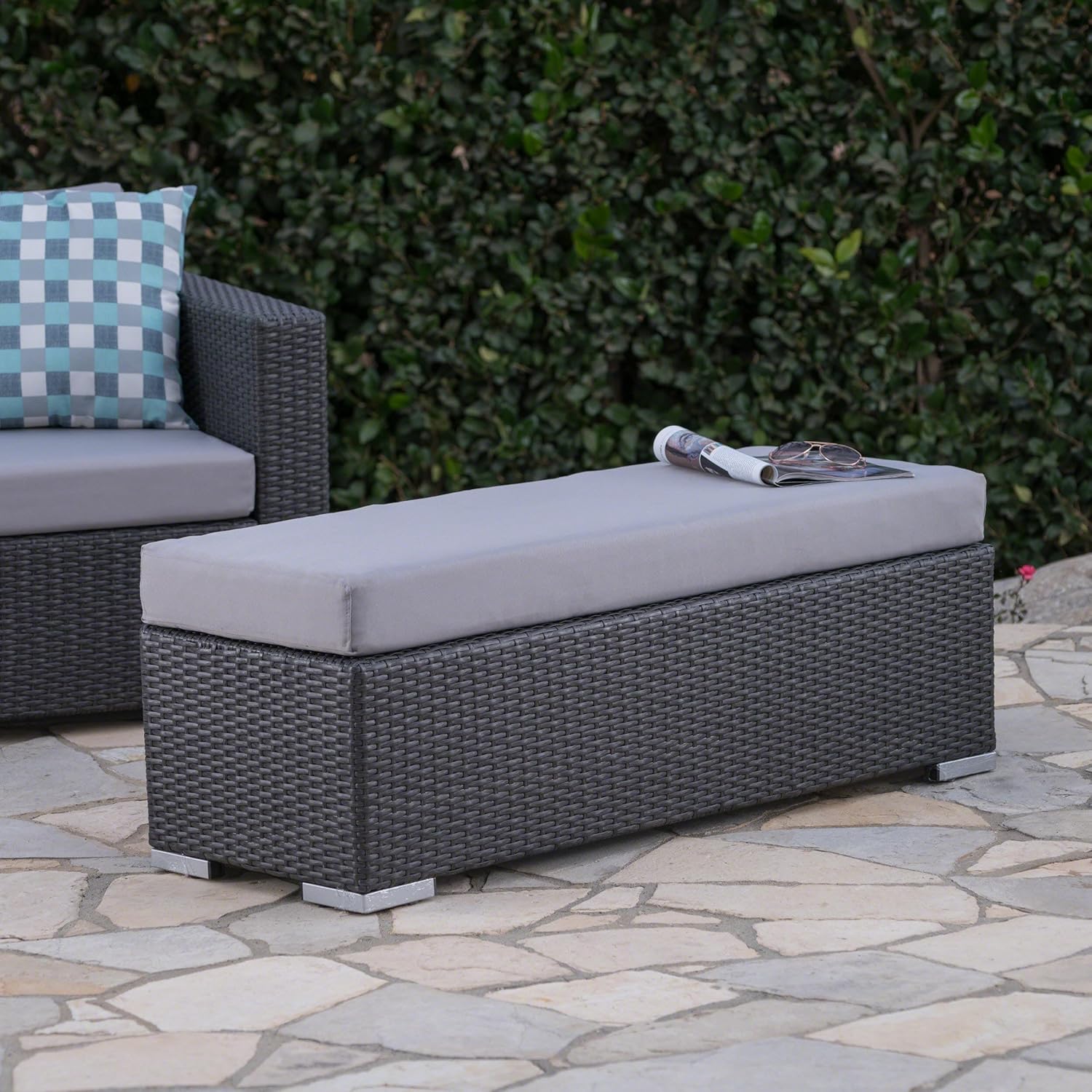 Grey Wicker Outdoor Picnic Bench with Cushioned Seating - Lightweight Patio Furniture for Summer or Winter Enjoyment, Perfect for Backyards and Gardens
