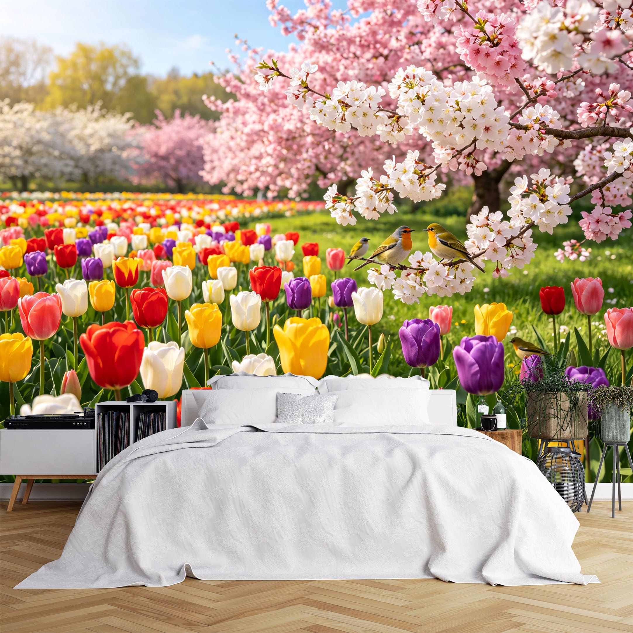 Lcythiazole Ch260615195 Custom Size Wall Murals Tulip Cherry Blossom Field Birds Spring Full Wall Self-Adhesive Wall Fabric (No Pvc) Removable Wallpaper For Nursery Bedroom