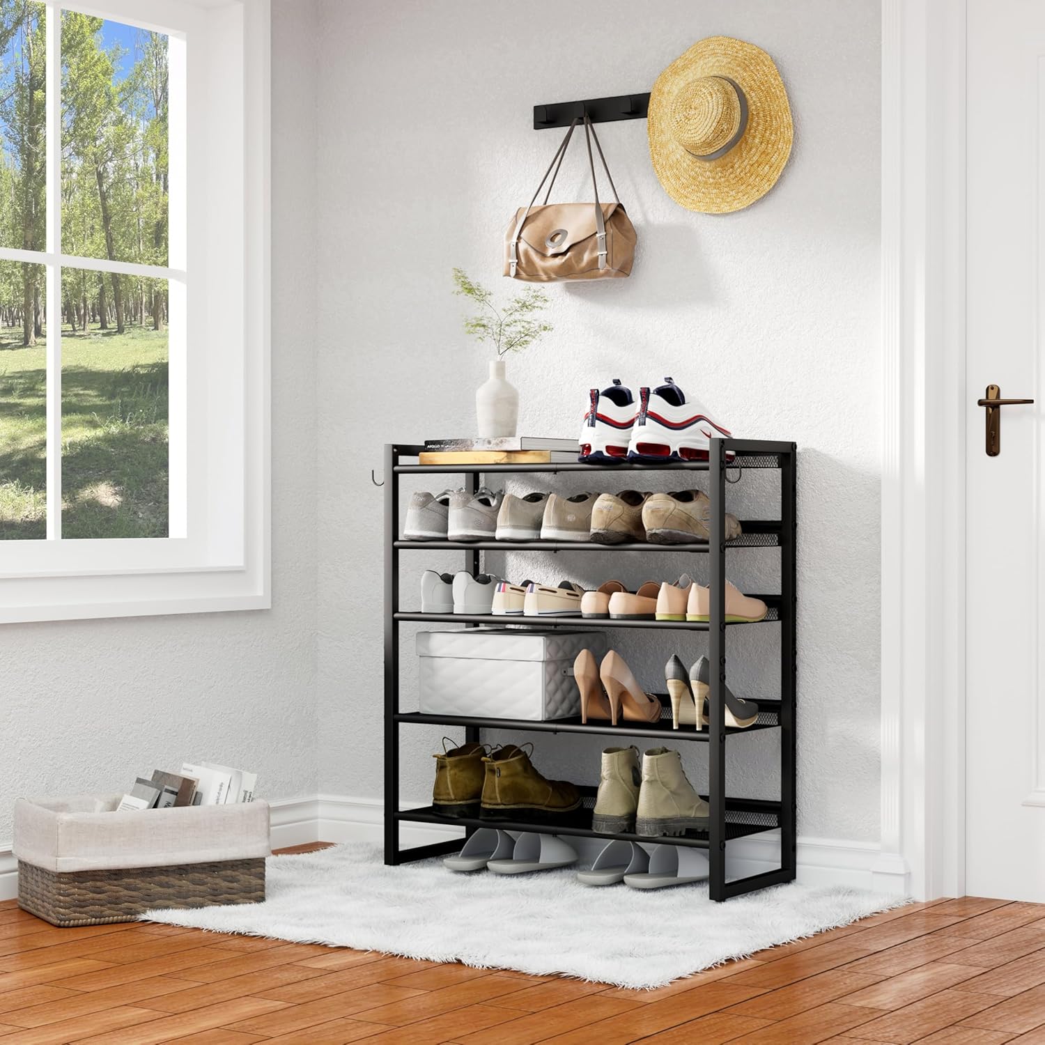 CHEMPFR Expandable Shoe Rack, Heavy-Duty Metal Adjustable Shoe Organizer with Tilt & Flat Shelves, Freestanding Shoe Storage Shelf with Wall-Protective Baffle for Entryway Closet Garage (Black 5-Tier)