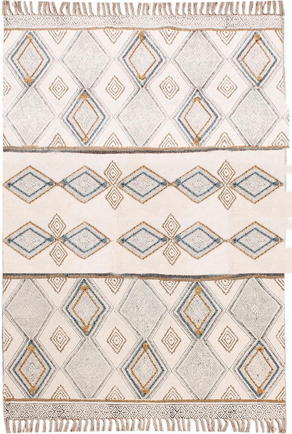 Hand Block Printed Cotton Runner 3x20 Kilim Runner Indoor Outdoor Carpet Stone Washable Rug Thick 0.19" Hand Surface Wash Grey Beige Flatweave Rugs for Hallway,Staircases,Corridor