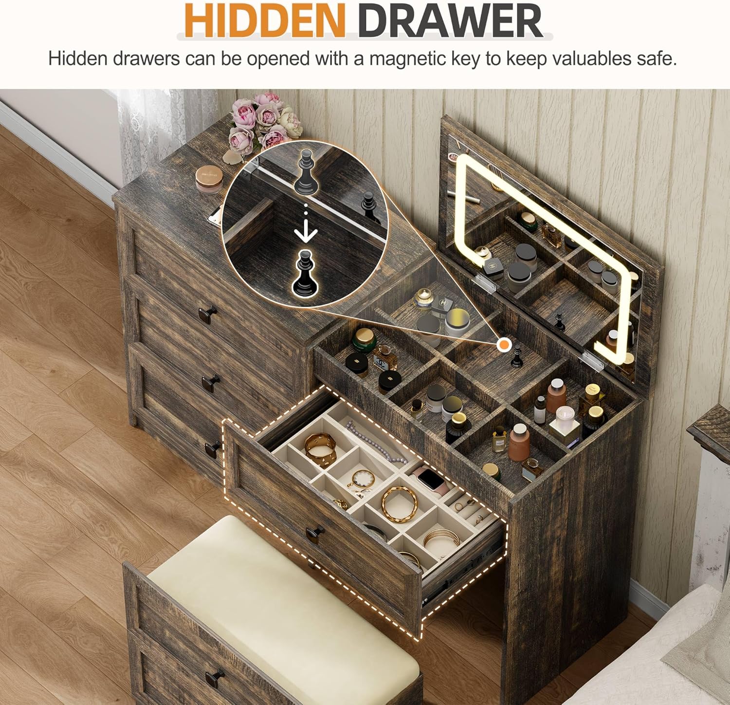 Gurexl 3-in-1 Vanity Desk with Flip Top Mirror and Lights, Makeup Dressing Table with Gun Drawer and Charging Station, Bedroom Dresser Vanity with Chair and Hidden Storage (Dark Rustic Oak)