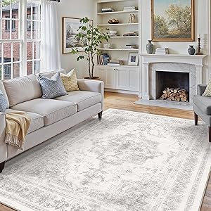 Washable Rug 8x10 Area Rug for Living Room Light Gray Vintage Boho Medallion Large Grey Distressed Retro Carpet Non Slip Indoor Low Pile Small Soft Bedroom Dining Room Home Office