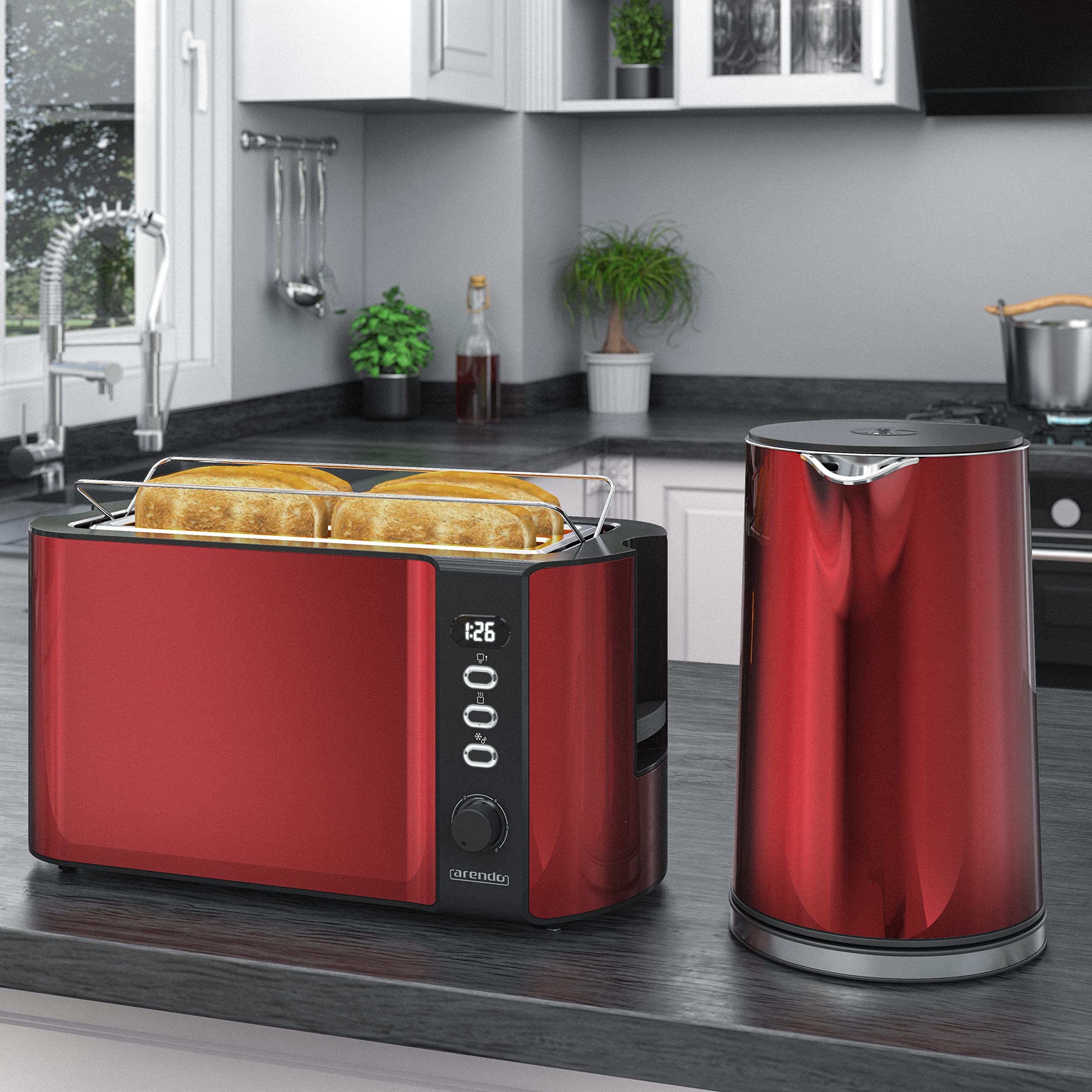 Arendo Wasserkocher Toaster SET Edelstahl Rot 1,5L 40-100°C Warmhaltefunktion 4 Scheiben LED-Display 6 Bräunungsgrade