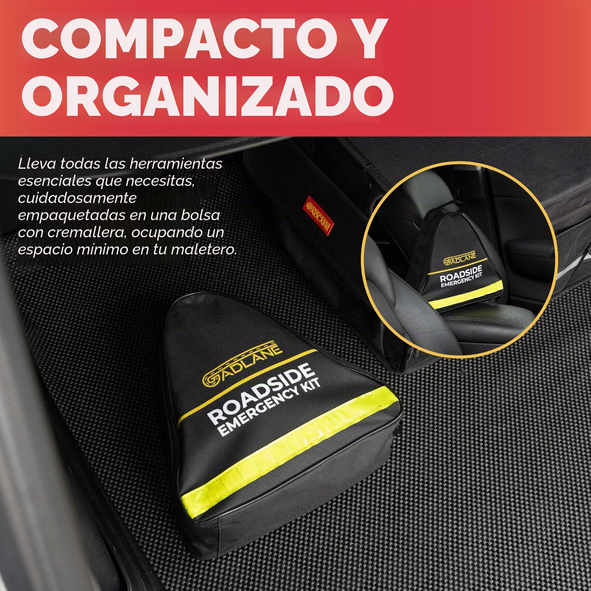 GADLANE Kit de emergencia para avería de coche - Gran kit de emergencia en carretera con triángulo de advertencia, cables de puente, cuerda de remolque, botiquín de primeros auxilios, martillo de