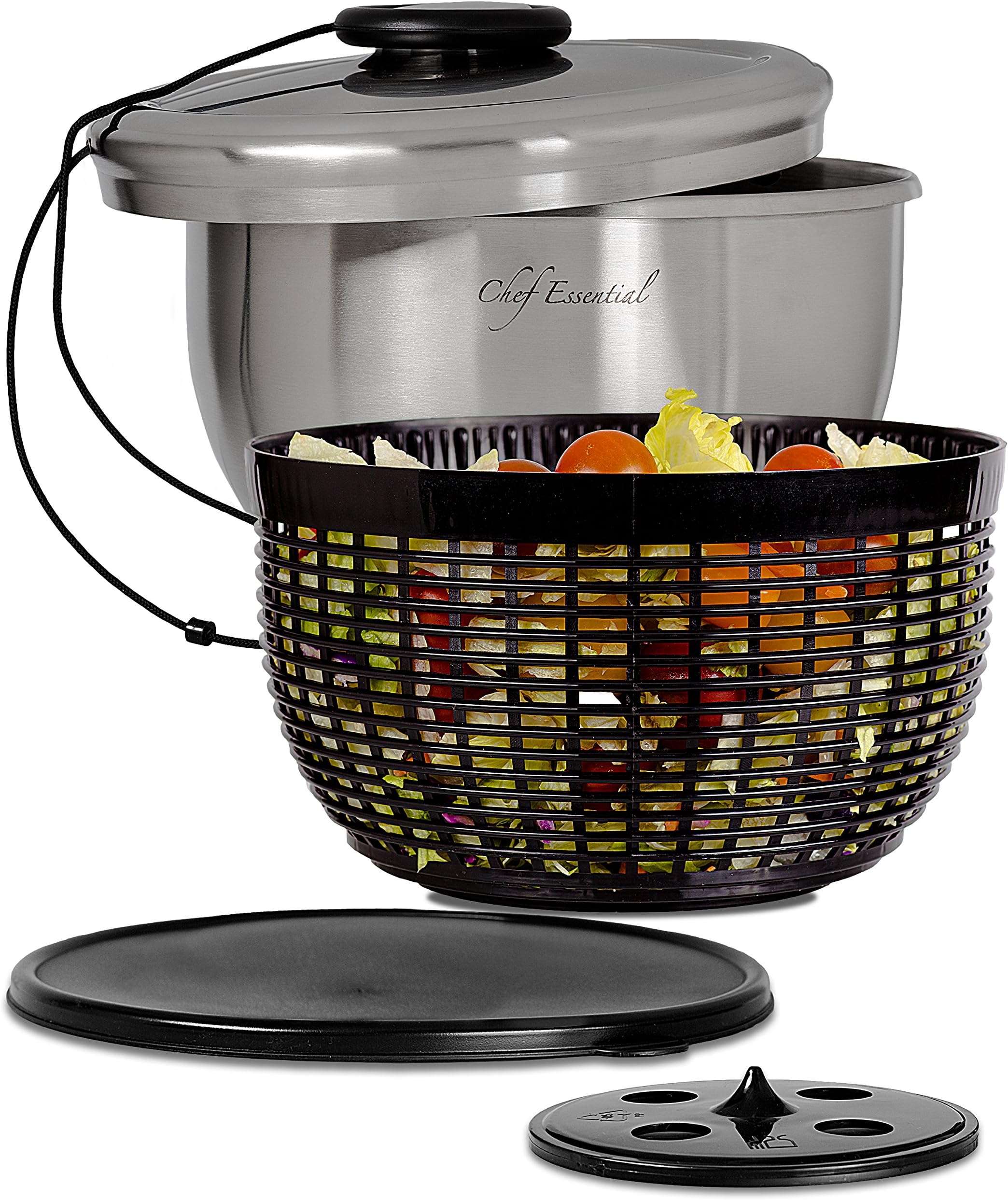 Chef Essential Stainless Steel Salad Spinner with Non-Slip Serving Bowl, Colander and Strorage Lid