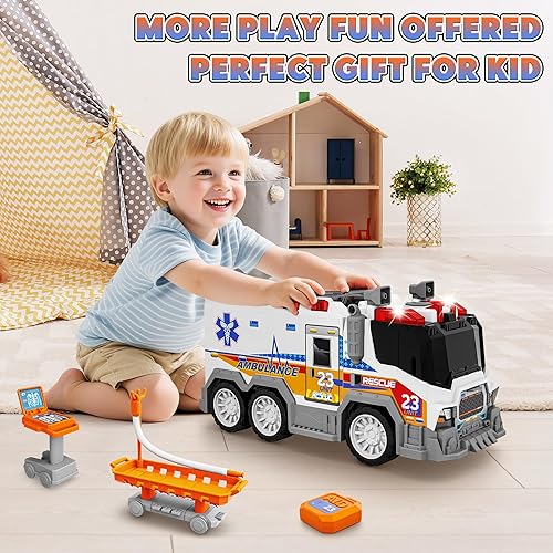 Miniatura 7 de Camión de juguete de ambulancia con sonido de efecto, incluye equipo CT, carro camilla, 2 autos de carreras de expulsión, regalos de cumpleaños para