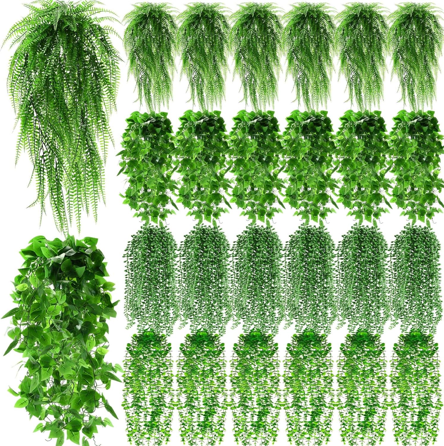 8 Pcs Artificial Hanging Plants Fake Hanging Ferns Plastic Faux Plants for Wall Room Garden Garland Indoor Outdoor Decor No Basket (Boston,Eucalyptus,Ivy Vine,String of Pearls)