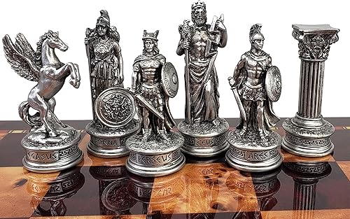 Miniatura 3 de Mitología griega Olympus Gods Zeus vs Poseidon Juego de ajedrez de color peltre y bronce con tablero de color cereza y madera de Burlwood de 18