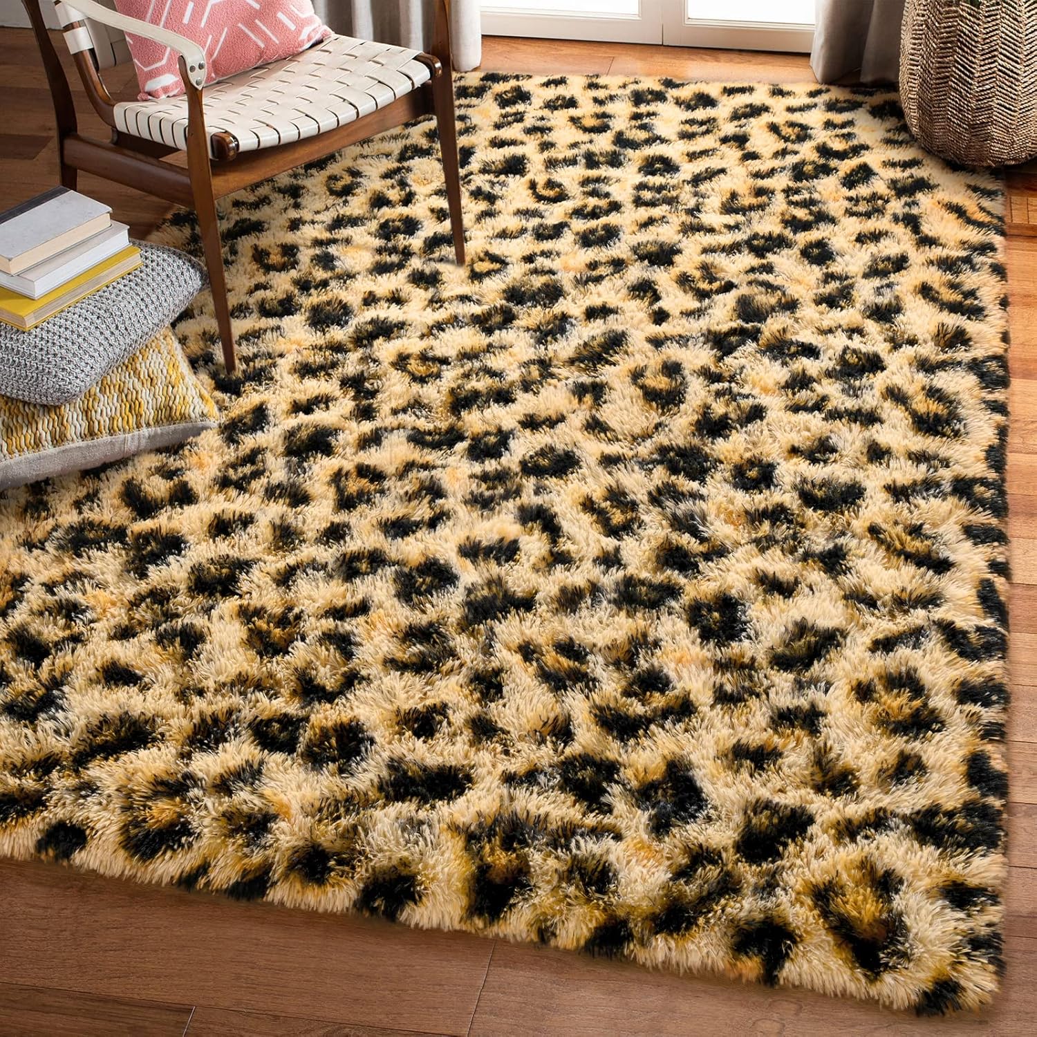 Amearea Fluffy Leopard Rug, Premium Cheetah Print Area Rug, Soft Comfy Faux Fur Animal Print Carpet, Khaki 5x8 Feet 5' x 8' (Rectangular) Khaki