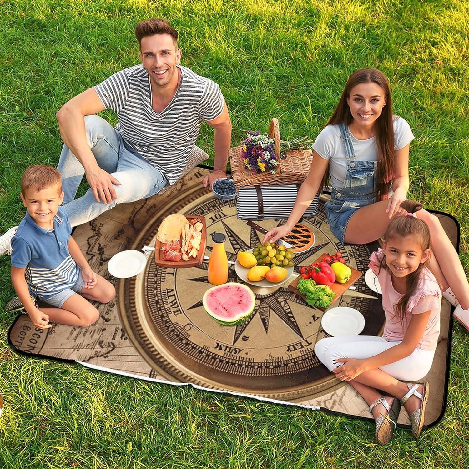 Law of The Compass Navigation Picnic Blanket 150x100cm, Foldable 2-in-1 Picnic Mat and Tote Bag Portable Waterproof Beach Mat Sandproof Outdoor Blanket for Park, Hiking, Beach, Camping, Travel
