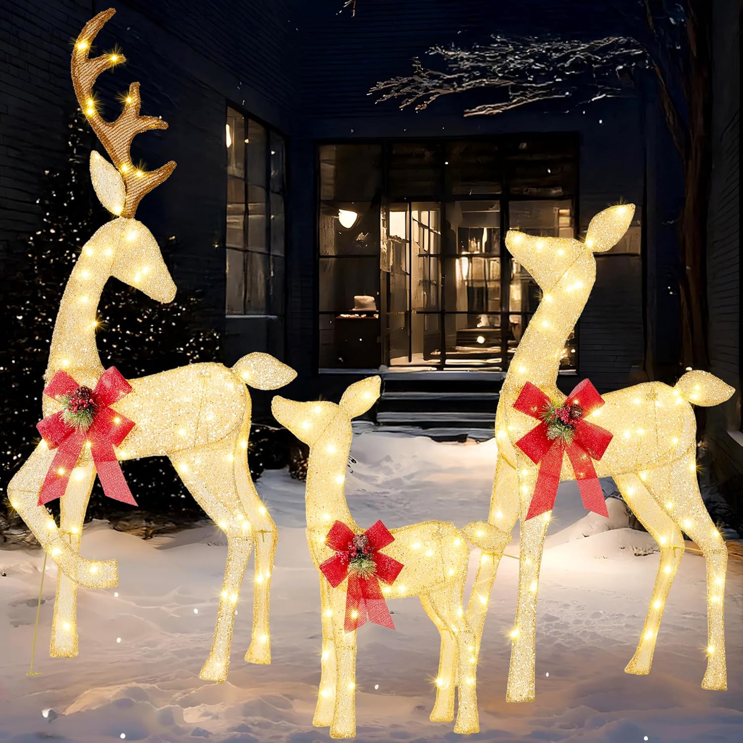 JOYIN 3 Pcs Lighted Christmas Deer Family Set, Outdoor Christmas Decorations for Yard, 3 4 5FT Warm White LED Lights Xmas Yard Decor, 2D Reindeer with Ground Stakes for Lawn Garden Porch Holiday