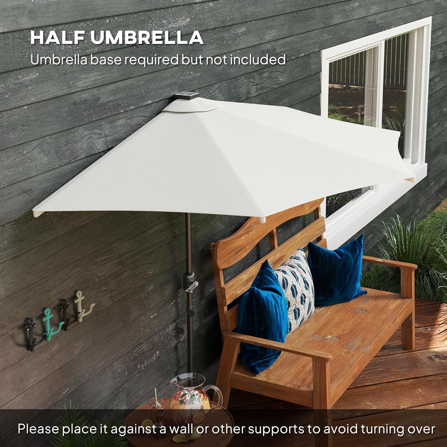 Outsunny Half Outdoor Patio Umbrella, UPF 30+ Small Vented Half Patio Umbrella with Crank 8 Ribs for Balcony Porch Garden Deck Poolside