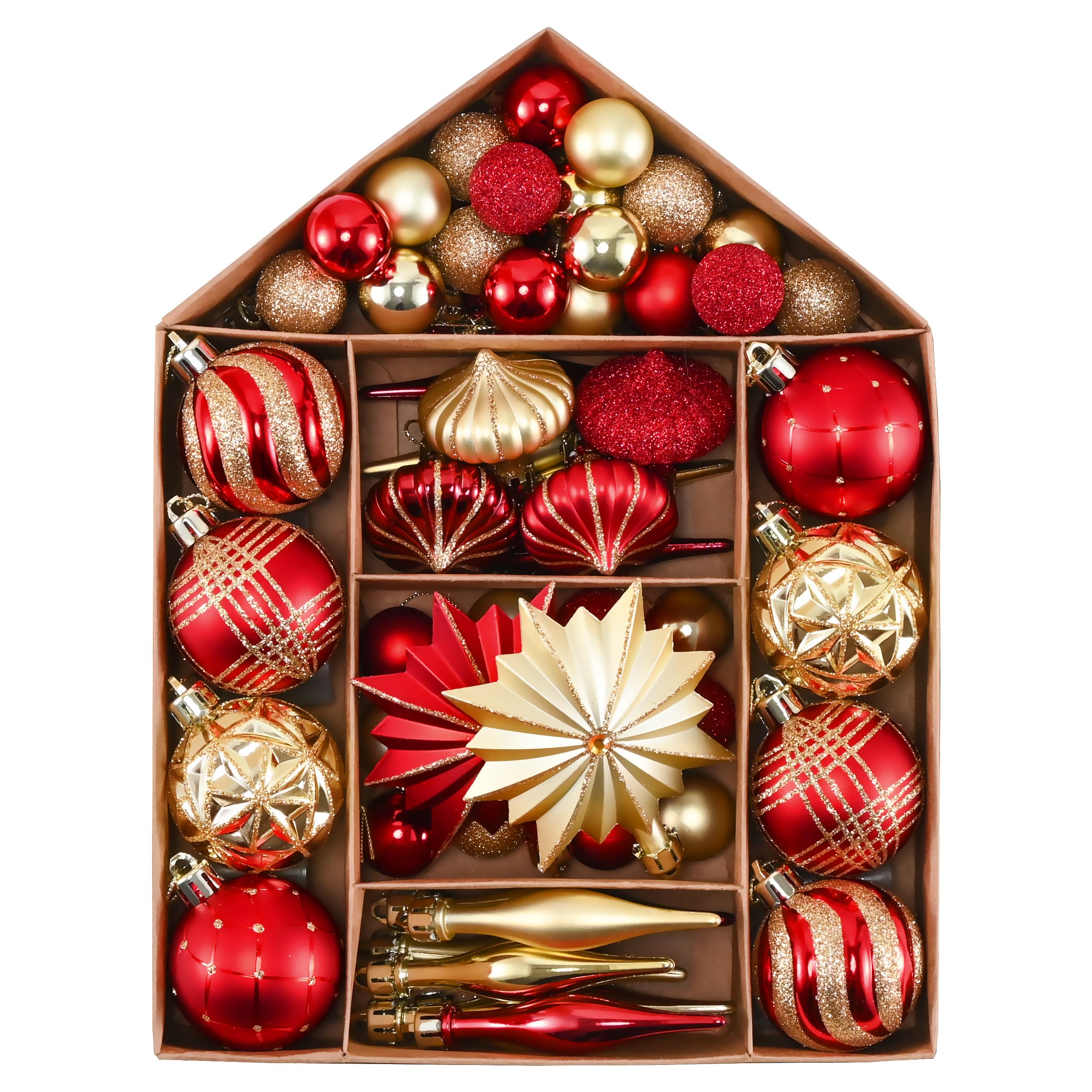 Valery Madelyn Weihnachtskugeln 70 Stück Kunststoff Christbaumkugeln,Christbaumschmuck hängend Glänzend Glitzernd Matt Weihnachtsbaumschmuck Dekoration Thema Rot Gold(M)