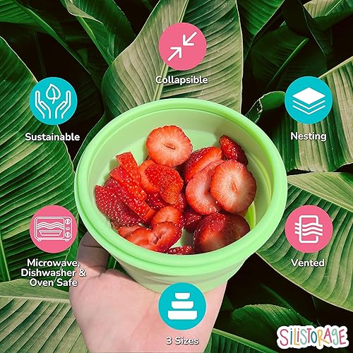 Miniatura 5 de Juego de tres recipientes rectangulares plegables para almacenamiento de alimentos con tapas flexibles herméticas, sin BPA, compactos, aptos para