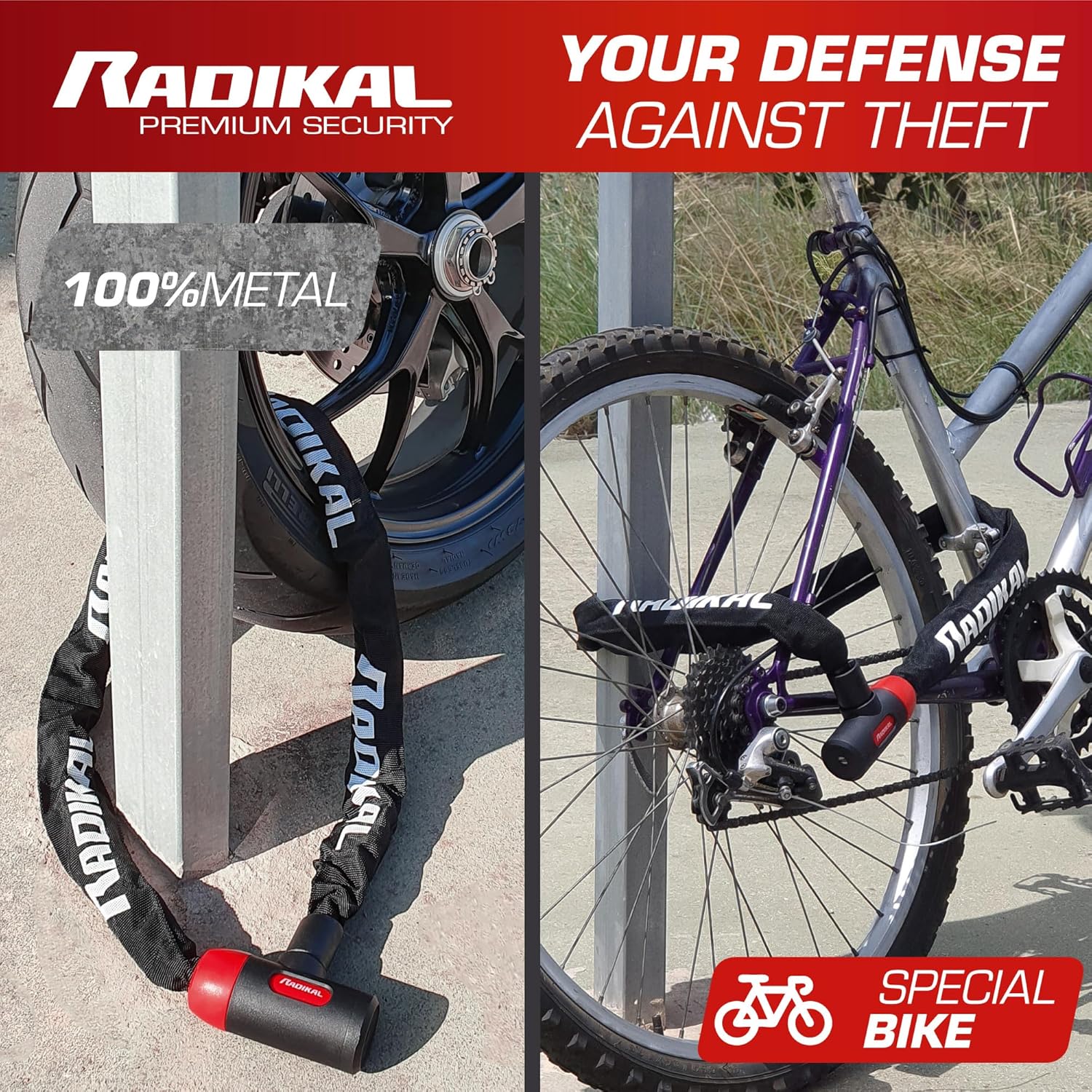 RADIKAL RKX170 Premium Bike Chain Lock, Hardened Steel ø8mm/0.31in Links with High Security Key Lock, More Extensive, Scratch-Resistant, Anti Theft for Bicycle, Scooter, Ebike, Gates, 170cm/5.5ft Long