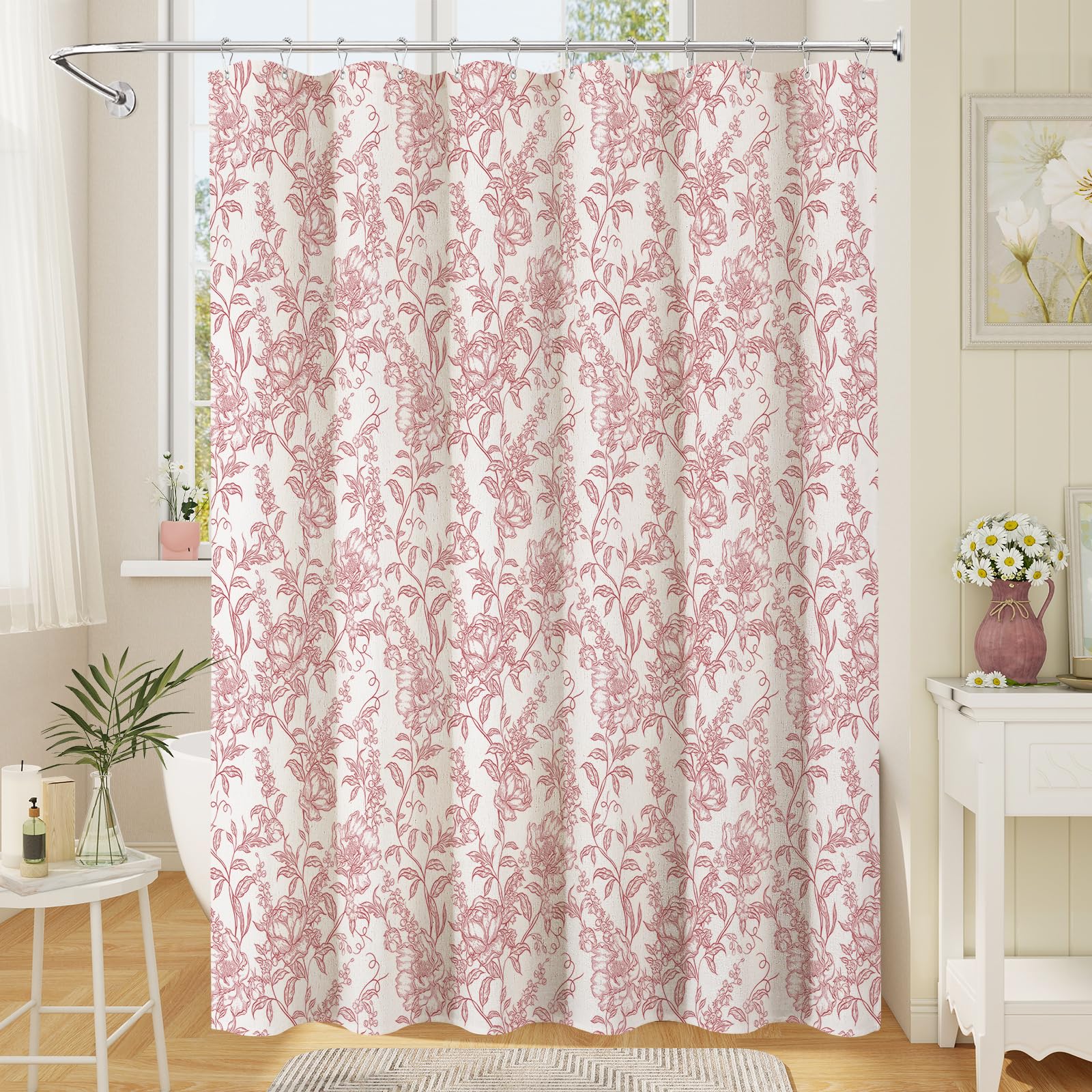 Craidlela Extra Long Farmhouse Floral Shower Curtain, Vintage Botanical Print for Rustic Bathroom Decor, Linen Blend Garden Bathroom Curtain, Boho Pink Shower Curtain 72x84 Inch