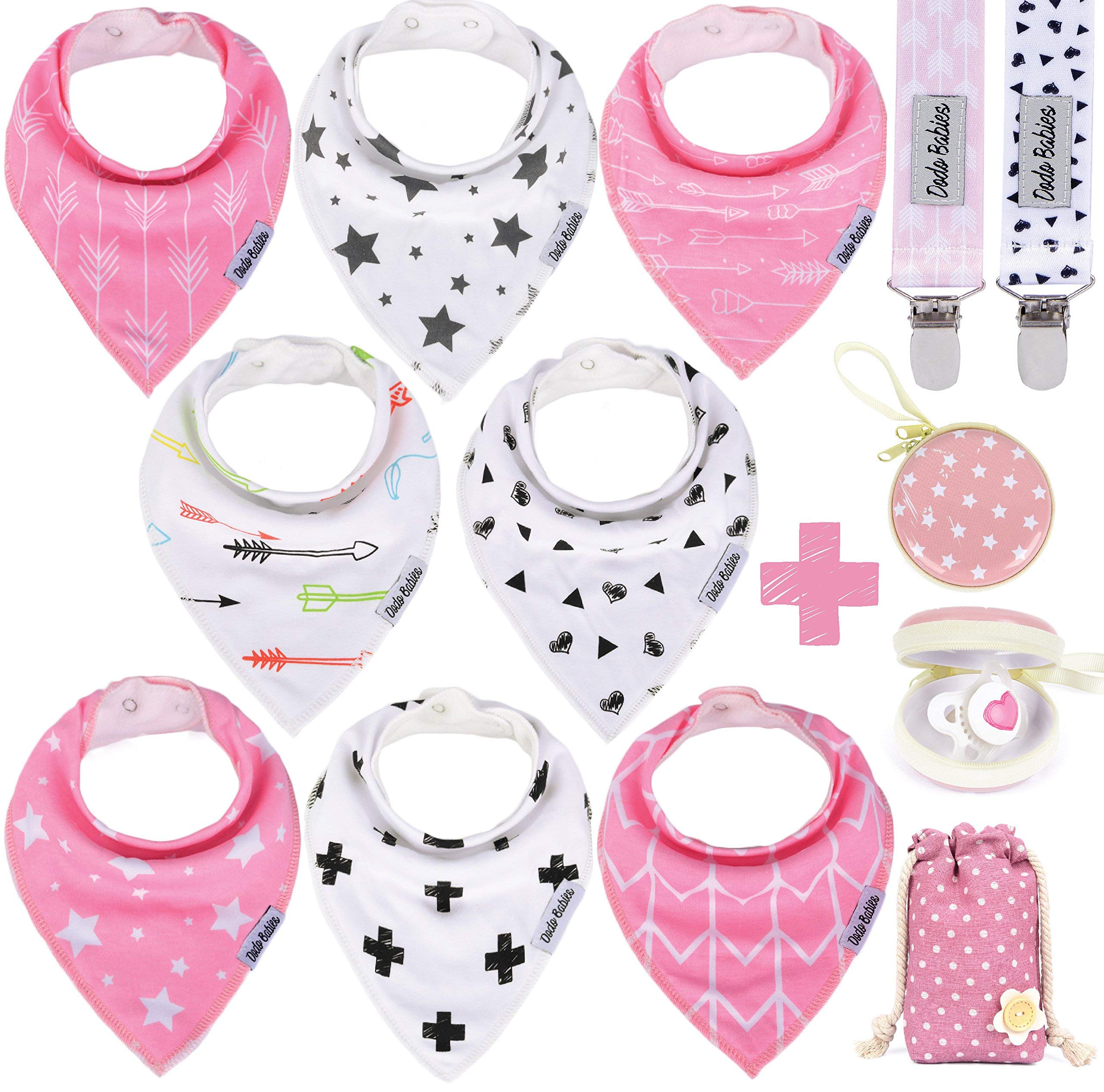 Baby Bandana Drool Bibs by Dodo Babies + 2 Pacifier Clips + Pacifier Case In a Gift Bag, Pack of 8 Premium Quality For Girls, Excellent Baby Shower/Registry Gift